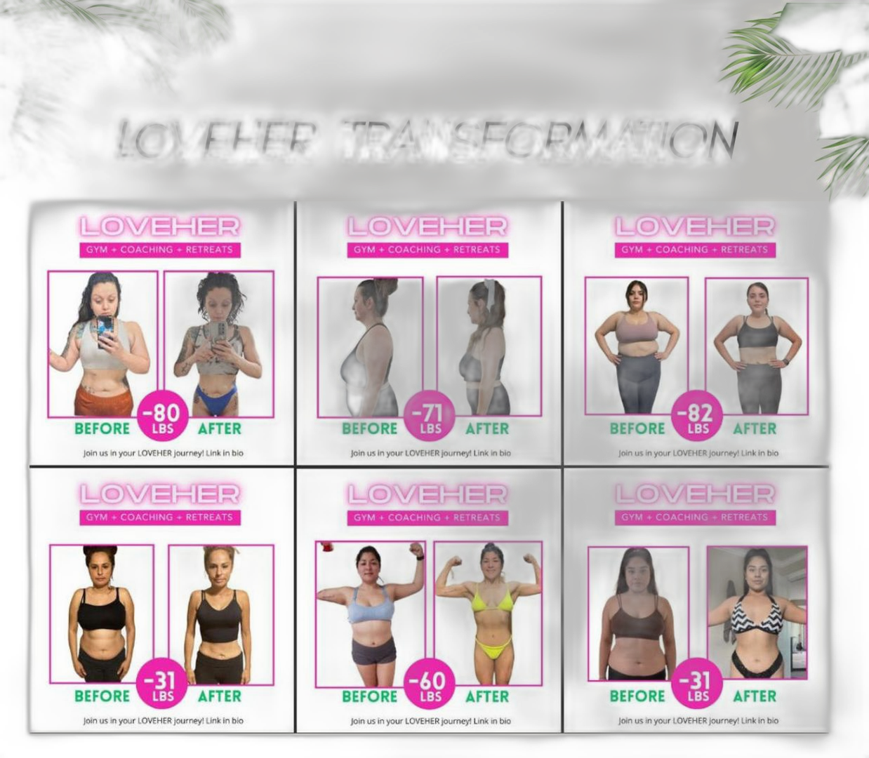 LOVEHER transformation cutout over a 'in two weeks you'll feel it' backdrop