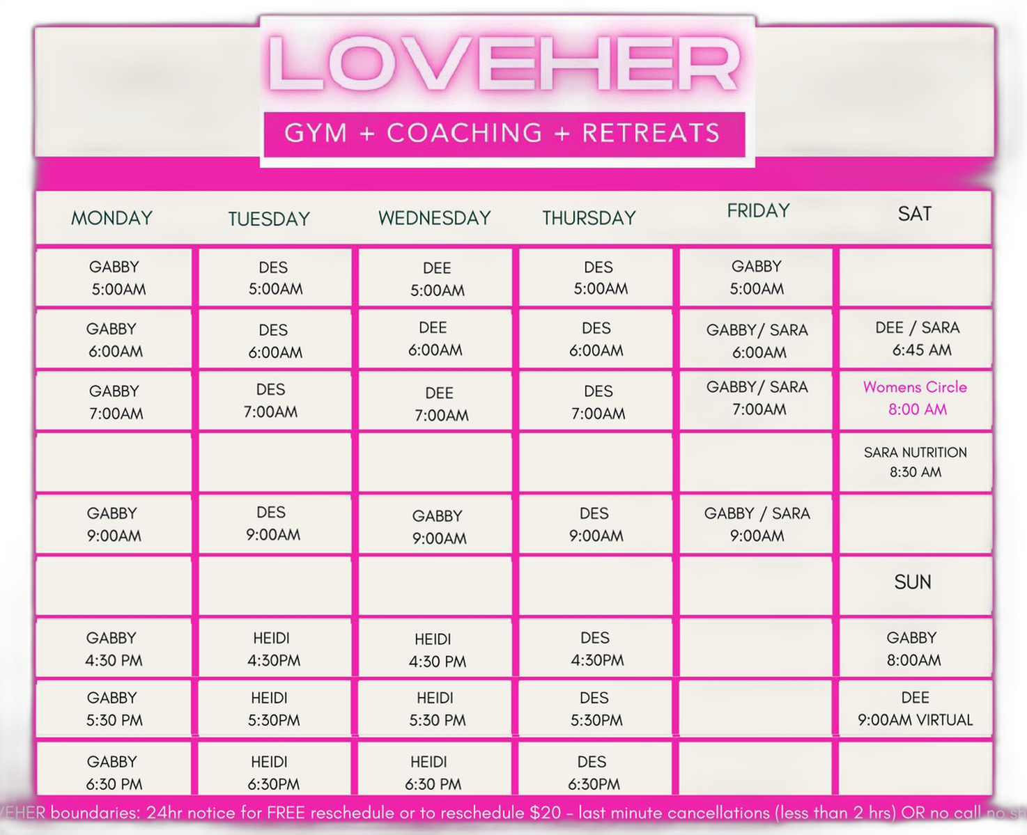 LOVEHER class schedule grid cutout (transparent background) on brand cream surface — palm-frond borders removed