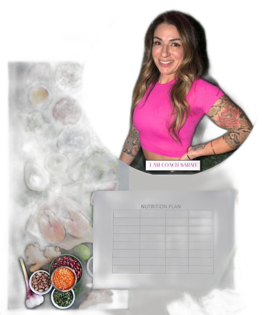 LOVEHER anti-inflammatory nutrition cutout over a real burger-bowl nourishment backdrop